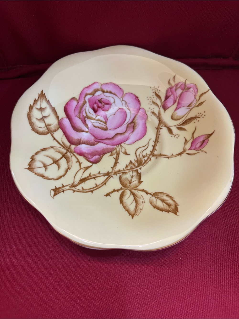 Cream Porcelain Saucer with Pink Rose Floral Motif